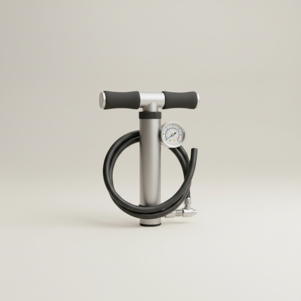 Professional e-commerce product photography of a **brandless** Compact Bike Pump with Gauge (Pocket sized pump with accurate gauge for quick road and trail fixes.). The entire environment is a perfectly uniform, flat, solid color #EAE9E7 (light warm gray) with absolutely no gradient, vignette, spotlighting, texture, noise, or grain. The object is centered and tiny, occupying only 25% of the frame, surrounded by massive negative space. The background and floor are a seamless, infinite cyclorama of solid color #EAE9E7 with no horizon line, no corner, and no visible wall/floor transition. Lighting: ultra-even high-key with very strong global illumination and soft, multi-directional bounced fill (studio light tent look). Bright exposure (lifted midtones and shadows, low contrast), slightly overexposed overall while preserving product detail. Fully diffuse, no hard shadows, no cast shadows; at most a barely visible neutral contact shadow. No harsh specular highlights. Framing: simple 3/4 view. Perfectly centered. Style: ultra-clean, minimalistic. No logos, no text, no distractions. 8k resolution, sharp details on the object.
