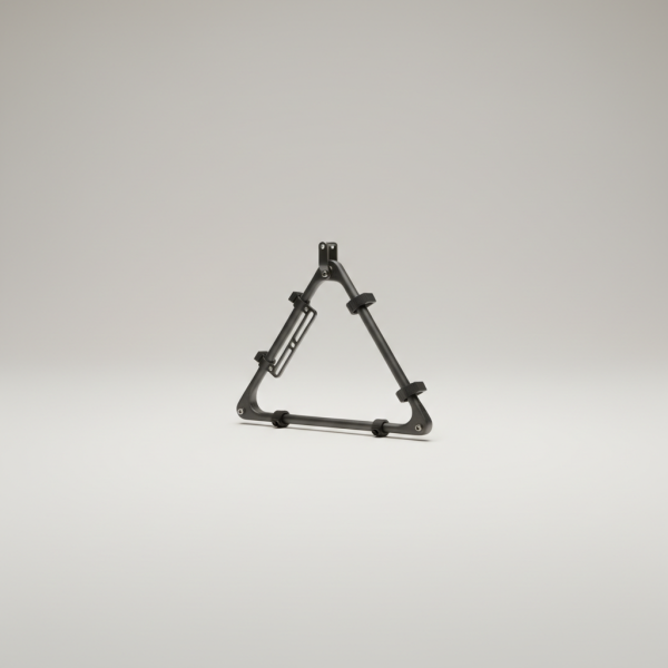 Professional e-commerce product photography of a **brandless** Ultralight Front Rack for Bikepacking (Featherweight front rack built for endurance rides and fast packing setups.). The entire environment is a perfectly uniform, flat, solid color #EAE9E7 (light warm gray) with absolutely no gradient, vignette, spotlighting, texture, noise, or grain. The object is centered and tiny, occupying only 25% of the frame, surrounded by massive negative space. The background and floor are a seamless, infinite cyclorama of solid color #EAE9E7 with no horizon line, no corner, and no visible wall/floor transition. Lighting: ultra-even high-key with very strong global illumination and soft, multi-directional bounced fill (studio light tent look). Bright exposure (lifted midtones and shadows, low contrast), slightly overexposed overall while preserving product detail. Fully diffuse, no hard shadows, no cast shadows; at most a barely visible neutral contact shadow. No harsh specular highlights. Framing: simple 3/4 view. Perfectly centered. Style: ultra-clean, minimalistic. No logos, no text, no distractions. 8k resolution, sharp details on the object.