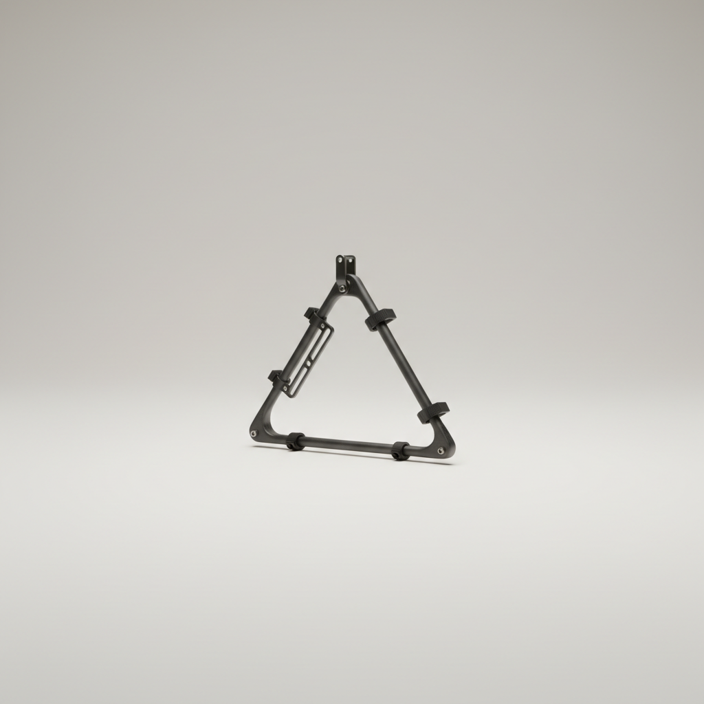 Professional e-commerce product photography of a **brandless** Ultralight Front Rack for Bikepacking (Featherweight front rack built for endurance rides and fast packing setups.). The entire environment is a perfectly uniform, flat, solid color #EAE9E7 (light warm gray) with absolutely no gradient, vignette, spotlighting, texture, noise, or grain. The object is centered and tiny, occupying only 25% of the frame, surrounded by massive negative space. The background and floor are a seamless, infinite cyclorama of solid color #EAE9E7 with no horizon line, no corner, and no visible wall/floor transition. Lighting: ultra-even high-key with very strong global illumination and soft, multi-directional bounced fill (studio light tent look). Bright exposure (lifted midtones and shadows, low contrast), slightly overexposed overall while preserving product detail. Fully diffuse, no hard shadows, no cast shadows; at most a barely visible neutral contact shadow. No harsh specular highlights. Framing: simple 3/4 view. Perfectly centered. Style: ultra-clean, minimalistic. No logos, no text, no distractions. 8k resolution, sharp details on the object.