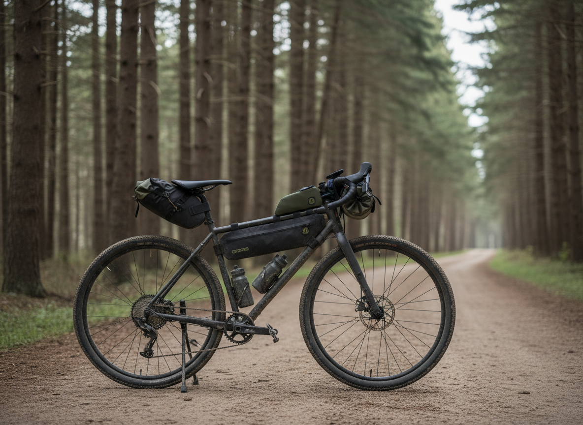 A sleek, fully loaded bikepacking gravel bike leans on its kickstand beside a quiet forest road, every rental bag neatly attached: a waterproof handlebar roll, slim top-tube bag, frame bag filling the triangle, and compact seat pack, all in coordinated matte charcoal and muted olive. The aluminum frame and knobby tires are slightly dusty, suggesting recent adventure. Soft overcast daylight filters through tall pines, creating even, natural illumination with gentle shadows on the packed dirt. The background falls into a subtle blur of trees and winding road. Shot at eye-level in photographic realism with a clean, professional aesthetic, the composition uses the rule of thirds to keep the bike prominent while conveying calm anticipation of a journey.