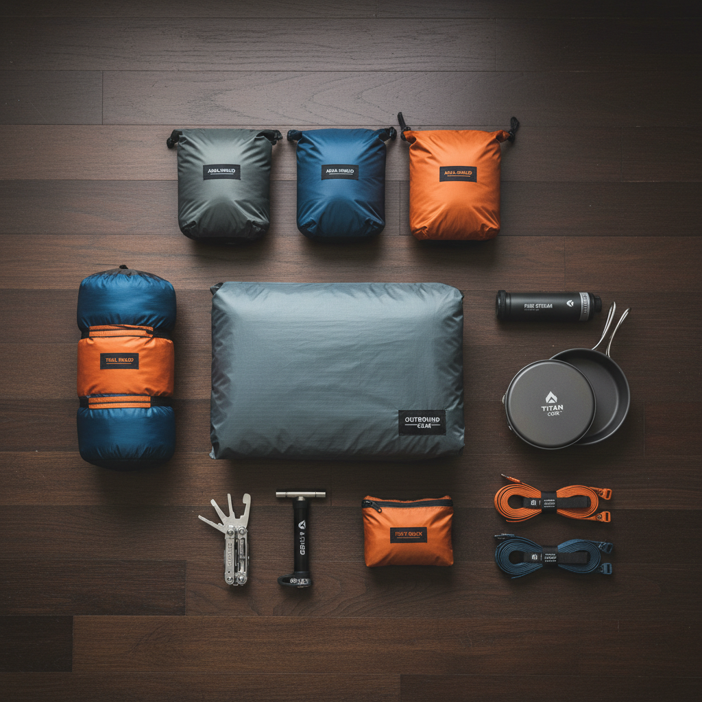 A carefully arranged flat lay of rental bikepacking essentials spread across a clean, dark wood floor: ultralight tent, compact sleeping bag, roll-top dry bags, multitool, mini pump, repair kit, water filter, titanium cookware, and neatly coiled straps. Each item is in pristine condition, labeled with small, subtle brand tags, showcasing a cohesive color palette of slate gray, deep blue, and burnt orange. Soft studio lighting from above creates crisp, professional highlights and gentle shadows, emphasizing textures like ripstop nylon and brushed metal. The composition is symmetrical and meticulously organized, shot from a straight bird’s-eye view with sharp focus throughout, conveying clarity, preparedness, and a trustworthy, professional rental service in a clean photographic style.
